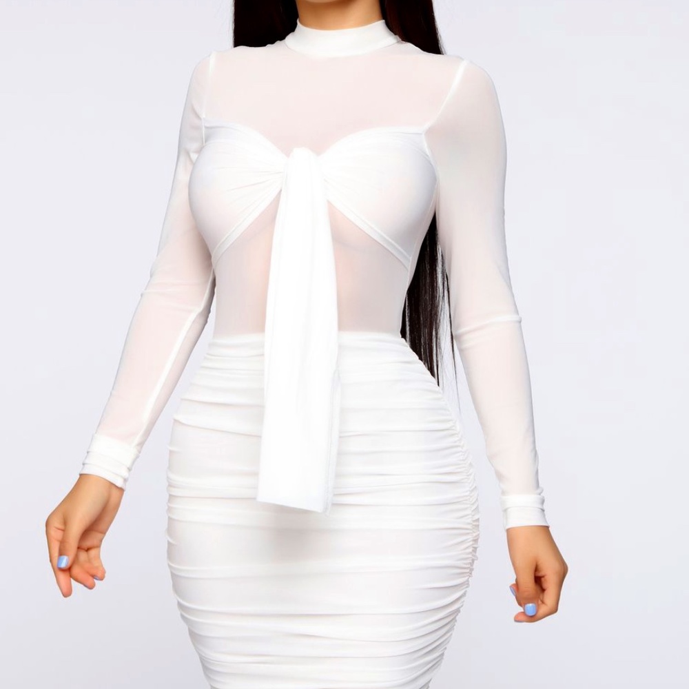 Knoted White Mesh Midi Dress with